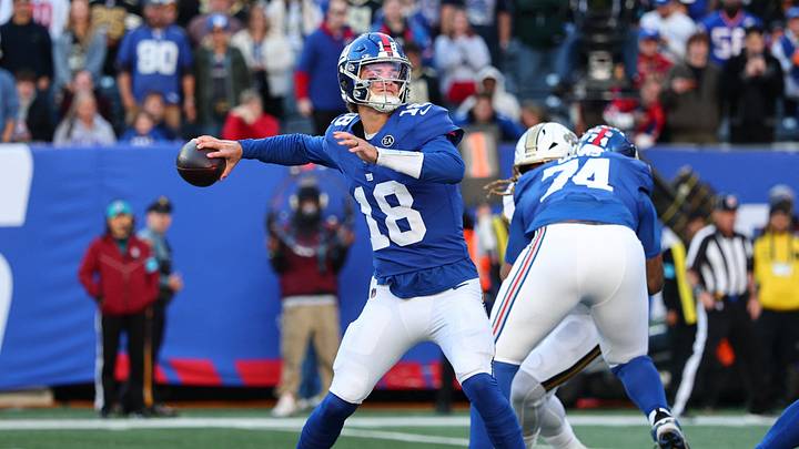 Oct 18, 2026; East Rutherford, New Jersey, USA; New York Giants quarterback J.J. McCarthy (18) throws a pass against the New Orleans Saints during the fourth quarter at MetLife Stadium. Mandatory Credit: Vincent Carchietta-Imagn Images Oct 18, 2026; East Rutherford, New Jersey, USA; New York Giants quarterback J.J. McCarthy (18) throws a pass against the New Orleans Saints during the fourth quarter at MetLife Stadium. Mandatory Credit: Vincent Carchietta-Imagn Images