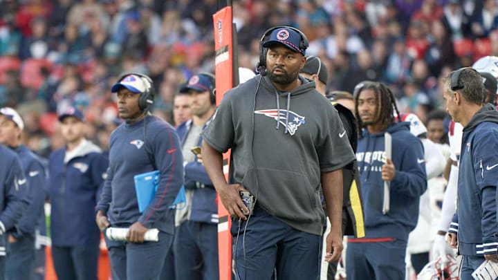 Oct 20, 2024; London, United Kingdom; New England Patriots coach Jerod Mayo in the game against the Jacksonville Jaguarsduring an NFL International Series game at Wembley Stadium. Mandatory Credit: Peter van den Berg-Imagn Images