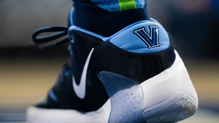 Dec 20, 2019; Philadelphia, PA, USA; Sneaker detail featuring a Villanova logo of Dallas Mavericks guard and former Villanova Wildcat Jalen Brunson before a game against the Philadelphia 76ers at Wells Fargo Center. Mandatory Credit: Bill Streicher-USA TODAY Sports