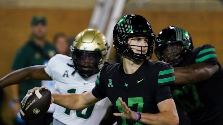 Oct 10, 2025; Denton, Texas, USA; North Texas Mean Green quarterback Drew Mestemaker (17) stands in the pocket against the South Florida Bulls during the second half of a game at DATCU Stadium. Mandatory Credit: Raymond Carlin III-Imagn Images