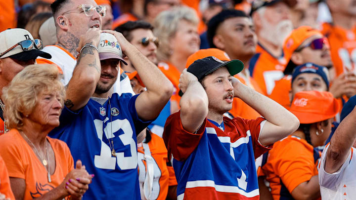 Oct 19, 2025; Denver, Colorado, USA; New York Giants fans react in the fourth quarter against the Denver Broncos at Empower Field at Mile High. Oct 19, 2025; Denver, Colorado, USA; New York Giants fans react in the fourth quarter against the Denver Broncos at Empower Field at Mile High.
