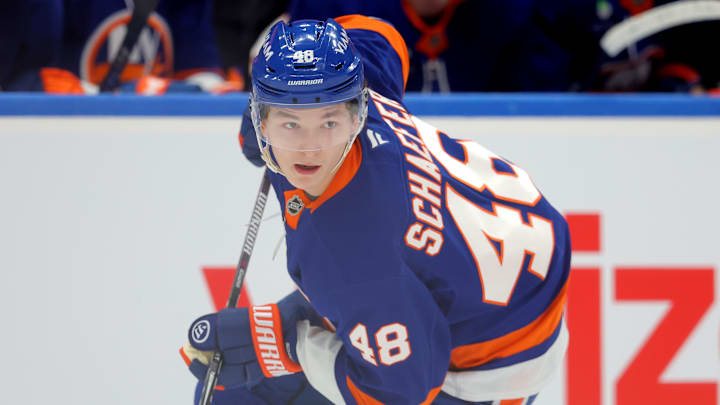 Mar 28, 2026; Elmont, New York, USA; New York Islanders defenseman Matthew Schaefer (48) skates against the Florida Panthers during the first period at UBS Arena. 