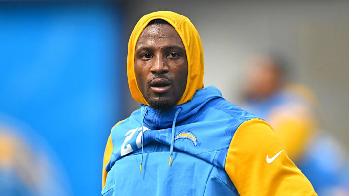 Sep 11, 2022; Inglewood, California, USA; Los Angeles Chargers cornerback J.C. Jackson (27) warms up