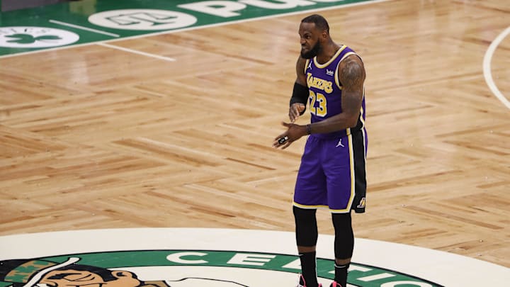 Jan 30, 2021; Boston, Massachusetts, USA; Los Angeles Lakers forward LeBron James (23) celebrates a teammate s basket during the fourth quarter against the Boston Celtics at TD Garden. Mandatory Credit: Winslow Townson-Imagn Images