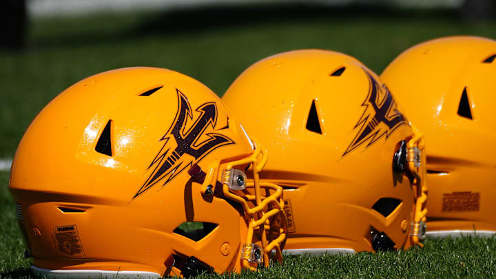 March 30, 2022;  Tempe, AZ, USA; ASU helmets during a practice at Kajikawa Practice fields.

Football Asu Fb
