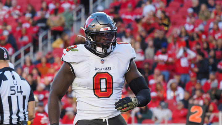 Nov 19, 2023; Santa Clara, California, USA; Tampa Bay Buccaneers outside linebacker Yaya Diaby (0) reacts after a sack against the San Francisco 49ers during the fourth quarter at Levi's Stadium. Mandatory Credit: Kelley L Cox-USA TODAY Sports