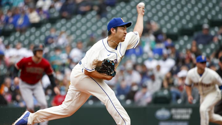 Seattle Mariners starting pitcher Yusei Kikuchi throws during a game against the Arizona Diamondbacks on April 12, 2021, at T-Mobile Park. Seattle Mariners starting pitcher Yusei Kikuchi throws during a game against the Arizona Diamondbacks on April 12, 2021, at T-Mobile Park.