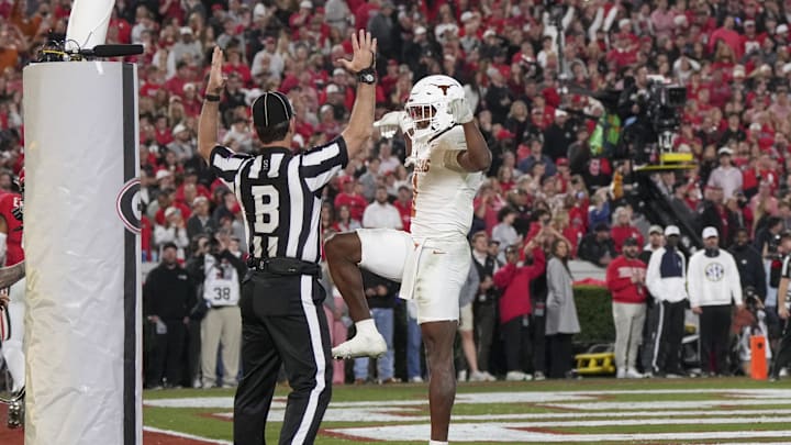 Texas Longhorns wide receiver Ryan Wingo (1) celebrates scoring a touchdown in the second half against the Georgia Bulldogs at Sanford Stadium. Mandatory Credit: Dale Zanine-Imagn Images