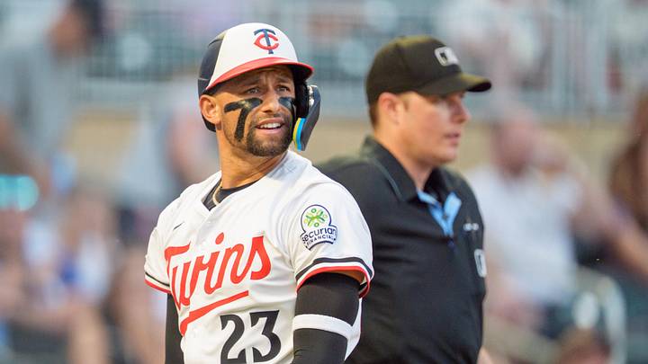 Aug 9, 2025; Minneapolis, Minnesota, USA; Minnesota Twins third base Royce Lewis (23) exits the field after striking out against Kansas City Royals pitcher Hunter Harvey (not pictured) in the seventh inning at Target Field. Mandatory Credit: Matt Blewett-Imagn Images