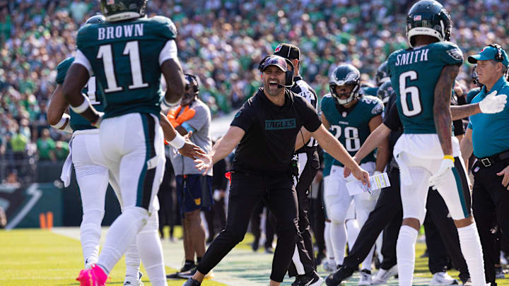 Oct 13, 2024; Philadelphia, Pennsylvania, USA; Philadelphia Eagles head coach Nick Sirianni reacts to the touchdown pass and catch of quarterback Jalen Hurts (1) and wide receiver A.J. Brown (11) during the second quarter against the Cleveland Browns at Lincoln Financial Field. Mandatory Credit: Bill Streicher-Imagn Images Oct 13, 2024; Philadelphia, Pennsylvania, USA; Philadelphia Eagles head coach Nick Sirianni reacts to the touchdown pass and catch of quarterback Jalen Hurts (1) and wide receiver A.J. Brown (11) during the second quarter against the Cleveland Browns at Lincoln Financial Field. Mandatory Credit: Bill Streicher-Imagn Images