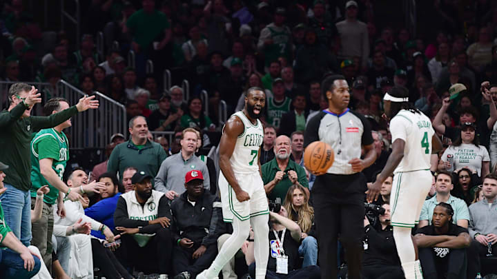 Apr 20, 2025; Boston, Massachusetts, USA; Boston Celtics guard Jaylen Brown (7) reads after being called for a foul during the second half against the Orlando Magic at TD Garden. Mandatory Credit: Bob DeChiara-Imagn Images