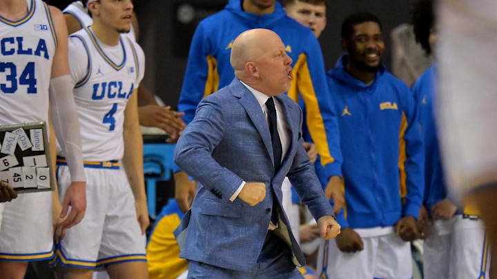 Jan 20, 2026; Los Angeles, California, USA; UCLA Bruins head coach Mick Cronin reacts toward officials after not getting a foul call in the second half against the Purdue Boilermakers at Pauley Pavilion presented by Wescom Financial. Mandatory Credit: Jayne Kamin-Oncea-Imagn Images