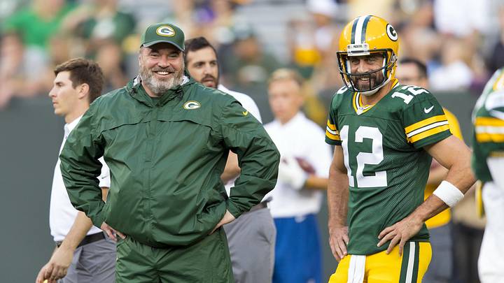 Aug 10, 2017; Green Bay, WI, USA; Green Bay Packers head coach Mike McCarthy talks with quarterback Aaron Rodgers (12) during warmups prior to the game against the Philadelphia Eagles at Lambeau Field. Mandatory Credit: Jeff Hanisch-Imagn Images Aug 10, 2017; Green Bay, WI, USA; Green Bay Packers head coach Mike McCarthy talks with quarterback Aaron Rodgers (12) during warmups prior to the game against the Philadelphia Eagles at Lambeau Field. Mandatory Credit: Jeff Hanisch-Imagn Images