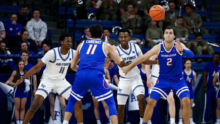 Boise State guard Alvaro Cardenas passes the ball to forward Tyson Degenhart.