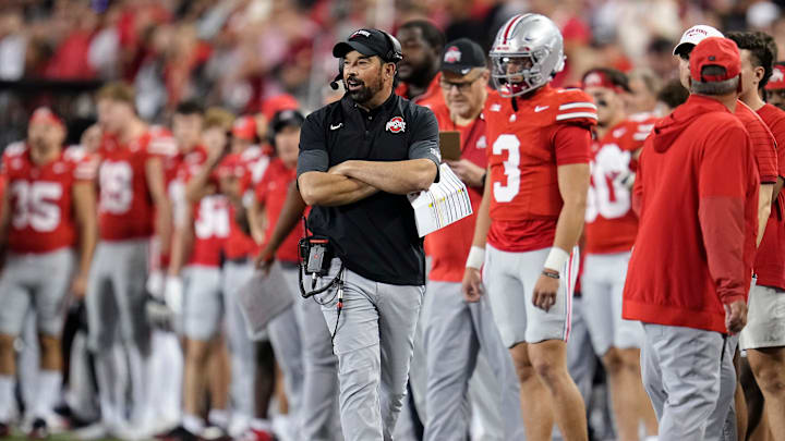 Ohio State Buckeyes head coach Ryan Day watches during the NCAA football game against the Minnesota Golden Gophers at Ohio Stadium in Columbus on Oct. 4, 2025. Ohio State won 42-3.