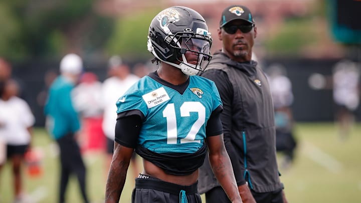 May 10, 2025; Jacksonville, FL, USA; Jacksonville Jaguars wide receiver Travis Hunter (12) during rookie minicamp at Miller Electric Center. Mandatory Credit: Travis Register-Imagn Images May 10, 2025; Jacksonville, FL, USA; Jacksonville Jaguars wide receiver Travis Hunter (12) during rookie minicamp at Miller Electric Center. Mandatory Credit: Travis Register-Imagn Images
