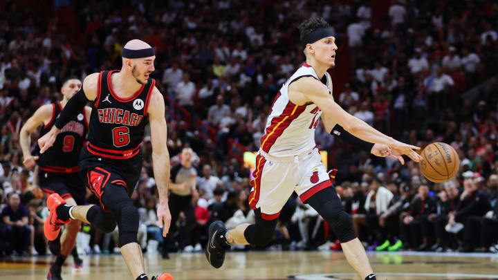 Apr 19, 2024; Miami, Florida, USA; Miami Heat guard Tyler Herro (14) passes the basketball against the Bulls Apr 19, 2024; Miami, Florida, USA; Miami Heat guard Tyler Herro (14) passes the basketball against the Bulls
