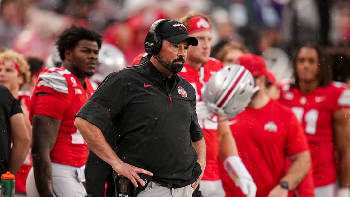 Ohio State Buckeyes head coach Ryan Day watches during the NCAA football game against the Maryland Terrapins at Ohio Stadium in Columbus on Oct. 10, 2026.