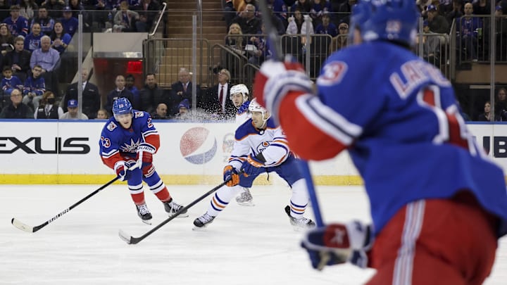 Nov 26, 2022; New York, New York, USA; Edmonton Oilers defenseman Evan Bouchard (2) controls the
