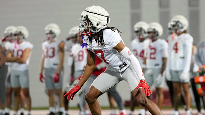 Ohio State Buckeyes cornerback Jermaine Mathews (7) lines up during spring football practice at the Woody Hayes Athletic Center in Columbus on March 19, 2025.