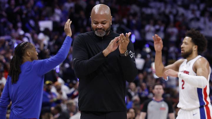 May 5, 2026; Detroit, Michigan, USA; Detroit Pistons head coach J.B. Bickerstaff claps in the first half against the Cleveland Cavaliers during game one of the second round of the 2026 NBA Playoffs at Little Caesars Arena. Mandatory Credit: Rick Osentoski-Imagn Images