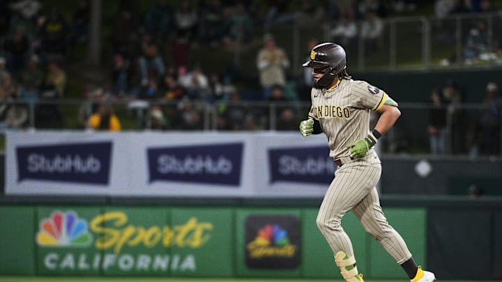 Apr 7, 2025; West Sacramento, California, USA; San Diego Padres outfielder Fernando Tatis Jr. (23) rounds the bases after hitting a home run against the Athletics during the sixth inning at Sutter Health Park. Mandatory Credit: Ed Szczepanski-Imagn Images