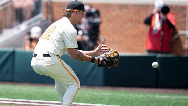 Tennessee's Will Haas (42) fields the ball during an NCAA college baseball game against Texas on May 10, 2026, in Knoxville, Tennessee.