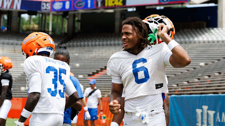 Florida Gators wide receiver Dallas Wilson (6) looks on without a helmet during fall football practice at Ben Hill Griffin Stadium at the University of Florida in Gainesville, FL on Saturday, August 2, 2025. [Matt Pendleton/Gainesville Sun]