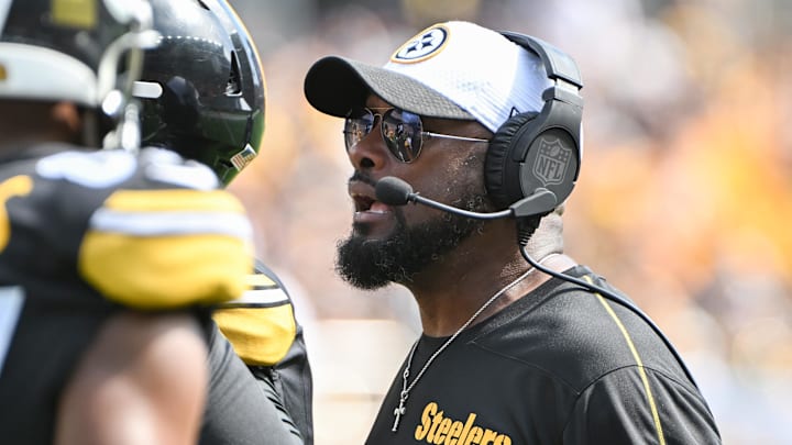 Sep 22, 2024; Pittsburgh, Pennsylvania, USA; Pittsburgh Steelers head coach Mike Tomlin reacts against the Los Angeles Chargers during the second half at Acrisure Stadium. Mandatory Credit: Barry Reeger-Imagn Images