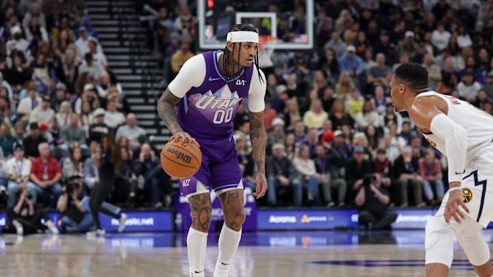 Dec 30, 2024; Salt Lake City, Utah, USA; Utah Jazz guard Jordan Clarkson (00) controls the ball during the second half against the Denver Nuggets at Delta Center. Mandatory Credit: Chris Nicoll-Imagn Images Dec 30, 2024; Salt Lake City, Utah, USA; Utah Jazz guard Jordan Clarkson (00) controls the ball during the second half against the Denver Nuggets at Delta Center. Mandatory Credit: Chris Nicoll-Imagn Images
