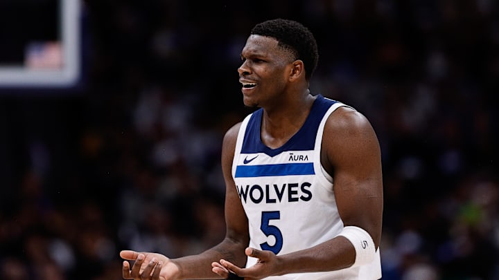 May 6, 2024; Denver, Colorado, USA; Minnesota Timberwolves guard Anthony Edwards (5) reacts after a