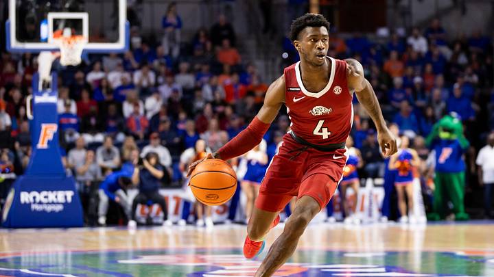 Jan 13, 2024; Gainesville, Florida, USA; Arkansas Razorbacks guard Davonte Davis (4) drives to the