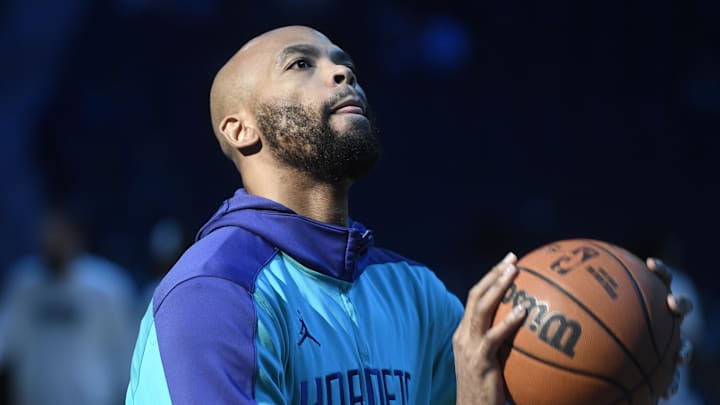 Apr 8, 2025; Charlotte, North Carolina, USA;  Charlotte Hornets center center Taj Gibson (67) warms up before the game against the Memphis Grizzlies at the Spectrum Center. Mandatory Credit: Sam Sharpe-Imagn Images
