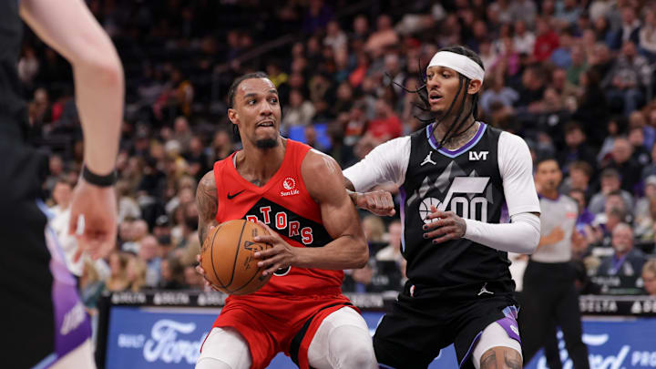 Mar 14, 2025; Salt Lake City, Utah, USA; Toronto Raptors guard A.J. Lawson (0) gets past Utah Jazz guard Jordan Clarkson (00) and to the basket during the second half at Delta Center. Mandatory Credit: Chris Nicoll-Imagn Images Mar 14, 2025; Salt Lake City, Utah, USA; Toronto Raptors guard A.J. Lawson (0) gets past Utah Jazz guard Jordan Clarkson (00) and to the basket during the second half at Delta Center. Mandatory Credit: Chris Nicoll-Imagn Images
