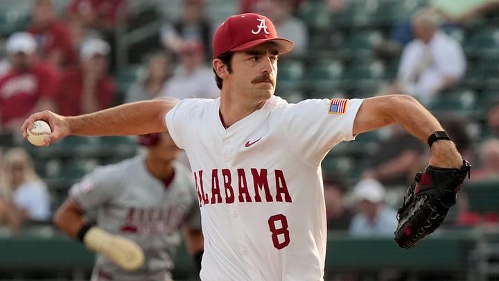 April 10, 2026; Tuscaloosa, AL, USA; Alabama starter Tyler Fay pitches at Sewell-Thomas Stadium in game one of the weekend series between Alabama and Arkansas.