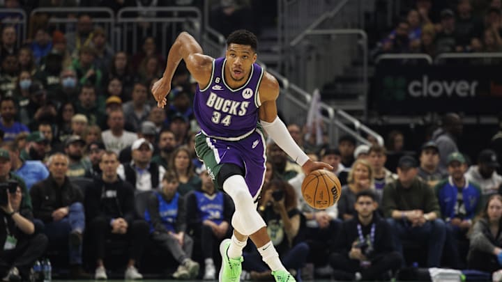Dec 30, 2022; Milwaukee, Wisconsin, USA;  Milwaukee Bucks forward Giannis Antetokounmpo (34) during the game against the Minnesota Timberwolves at Fiserv Forum. Mandatory Credit: Jeff Hanisch-Imagn Images