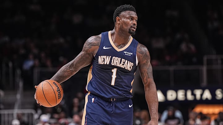 Jan 7, 2026; Atlanta, Georgia, USA; New Orleans Pelicans forward Zion Williamson (1) controls the ball against the Atlanta Hawks during the first half at State Farm Arena. 