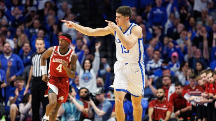 Mar 2, 2024; Lexington, Kentucky, USA; Kentucky Wildcats guard Reed Sheppard (15) celebrates after making a three point basket during the first half against the Arkansas Razorbacks at Rupp Arena at Central Bank Center. Mandatory Credit: Jordan Prather-USA TODAY Sports