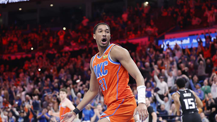 Feb 1, 2025; Oklahoma City, Oklahoma, USA; Oklahoma City Thunder guard Aaron Wiggins (21) reacts after scoring against the Sacramento Kings during the second half at Paycom Center. Mandatory Credit: Alonzo Adams-Imagn Images Feb 1, 2025; Oklahoma City, Oklahoma, USA; Oklahoma City Thunder guard Aaron Wiggins (21) reacts after scoring against the Sacramento Kings during the second half at Paycom Center. Mandatory Credit: Alonzo Adams-Imagn Images