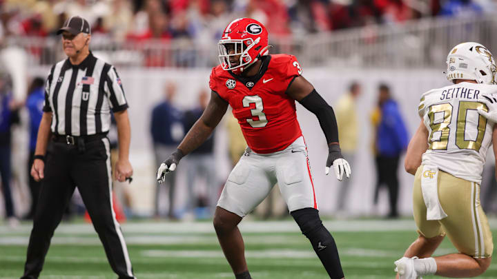 Nov 28, 2025; Atlanta, Georgia, USA; Georgia Bulldogs linebacker CJ Allen (3) in action against the Georgia Tech Yellow Jackets in the fourth quarter at Mercedes-Benz Stadium. Mandatory Credit: Brett Davis-Imagn Images
