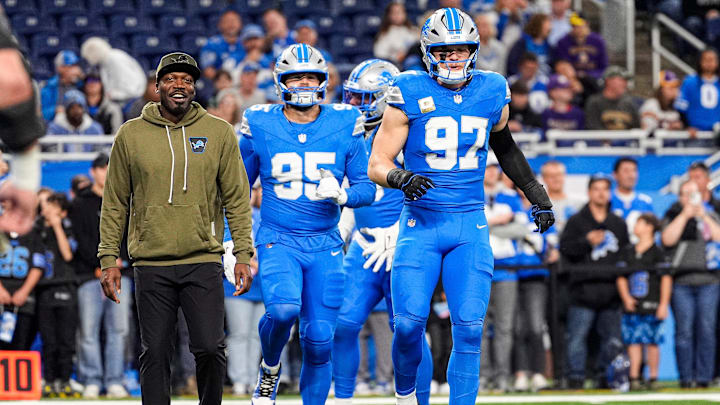 Detroit Lions defensive end Aidan Hutchinson (97) warms up ahead of the Minnesota Vikings game at Ford Field in Detroit on Sunday, November 2, 2025.