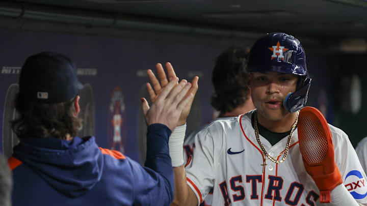 Jun 11, 2025; Houston, Texas, USA; Houston Astros right fielder Cam Smith (11) celebrates his run agains the Chicago White Sox in the fourth inning at Daikin Park. Mandatory Credit: Thomas Shea-Imagn Images