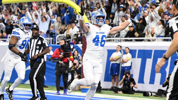 Dec 4, 2025; Detroit, Michigan, USA; Detroit Lions linebacker Jack Campbell (46) celebrates after a sack against the Dallas Cowboys during the first half at Ford Field. Mandatory Credit: Lon Horwedel-Imagn Images