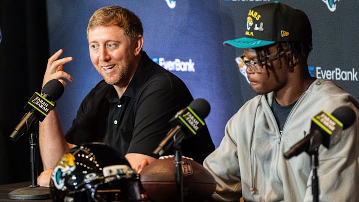 Jacksonville Jaguars Head Coach Liam Coen answers questions during a press conference with the team’s first-round pick, Colorado Buffaloes wide receiver and defensive back Travis Hunter, right, Friday, March 25, 2025 at Miller Electric Center in Jacksonville, Fla. [Doug Engle/Florida Times-Union]