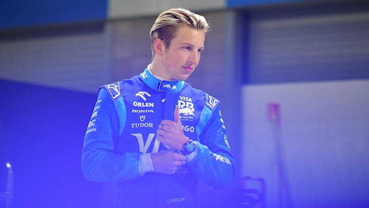 Nov 20, 2024; Las Vegas, Nevada, USA; Visa Cash App RB driver Liam Lawson (30) reacts at Las Vegas Circuit. Mandatory Credit: Gary A. Vasquez-Imagn Images