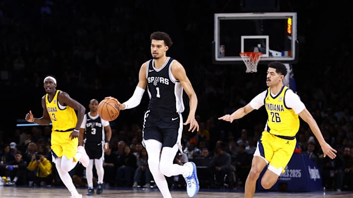 [US, Mexico, & Canada customers only] Jan 23, 2025; Paris, FRANCE; San Antonio Spurs player Victor Wembanyama in action with Indiana Pacers player Ben Sheppard  in the Paris Games 2025 NBA basketball game at Accor Arena. Mandatory Credit: Stephanie Lecocq/Reuters via Imagn Images