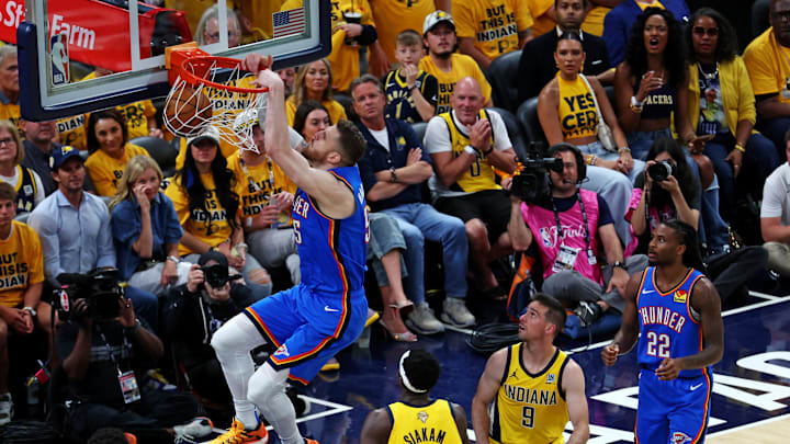 Jun 11, 2025; Indianapolis, Indiana, USA; Oklahoma City Thunder center Isaiah Hartenstein (55) dunks the ball against the Indiana Pacers during the second quarter in game three of the 2025 NBA Finals at Gainbridge Fieldhouse. Mandatory Credit: Trevor Ruszkowski-Imagn Images