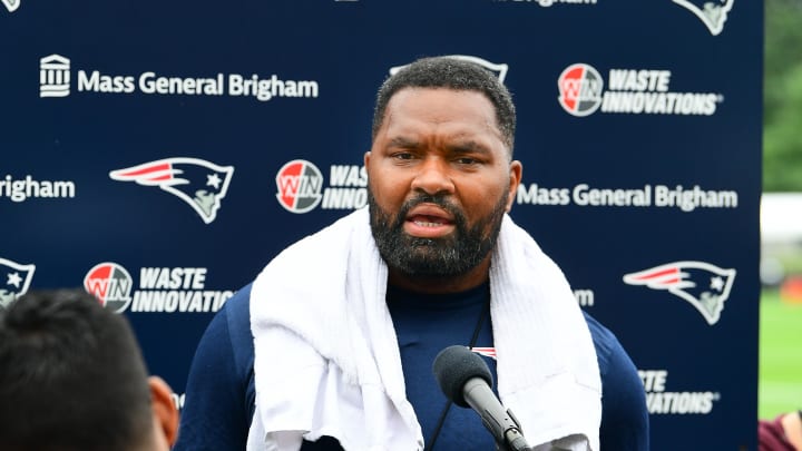 Jul 24, 2024; Foxborough, MA, USA; New England Patriots head coach Jerod Mayo holds a press conference before training camp at Gillette Stadium. Mandatory Credit: Eric Canha-USA TODAY Sports Jul 24, 2024; Foxborough, MA, USA; New England Patriots head coach Jerod Mayo holds a press conference before training camp at Gillette Stadium. Mandatory Credit: Eric Canha-USA TODAY Sports
