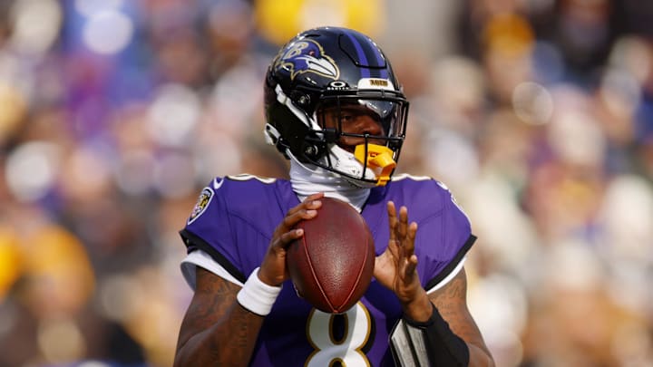 Dec 7, 2025; Baltimore, Maryland, USA; Baltimore Ravens quarterback Lamar Jackson (8) looks to pass the ball against the Pittsburgh Steelers during the first half at M&T Bank Stadium. Mandatory Credit: Peter Casey-Imagn Images