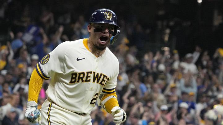 Oct 3, 2026; Milwaukee, Wisconsin, USA;  Milwaukee Brewers catcher William Contreras (24) reacts to hitting a solo home run during the seventh inning against the San Diego Padres in game one of the NLDS for the 2026 MLB Playoffs at American Family Field.xx.  Mandatory Credit: Michael McLoone-Imagn Images